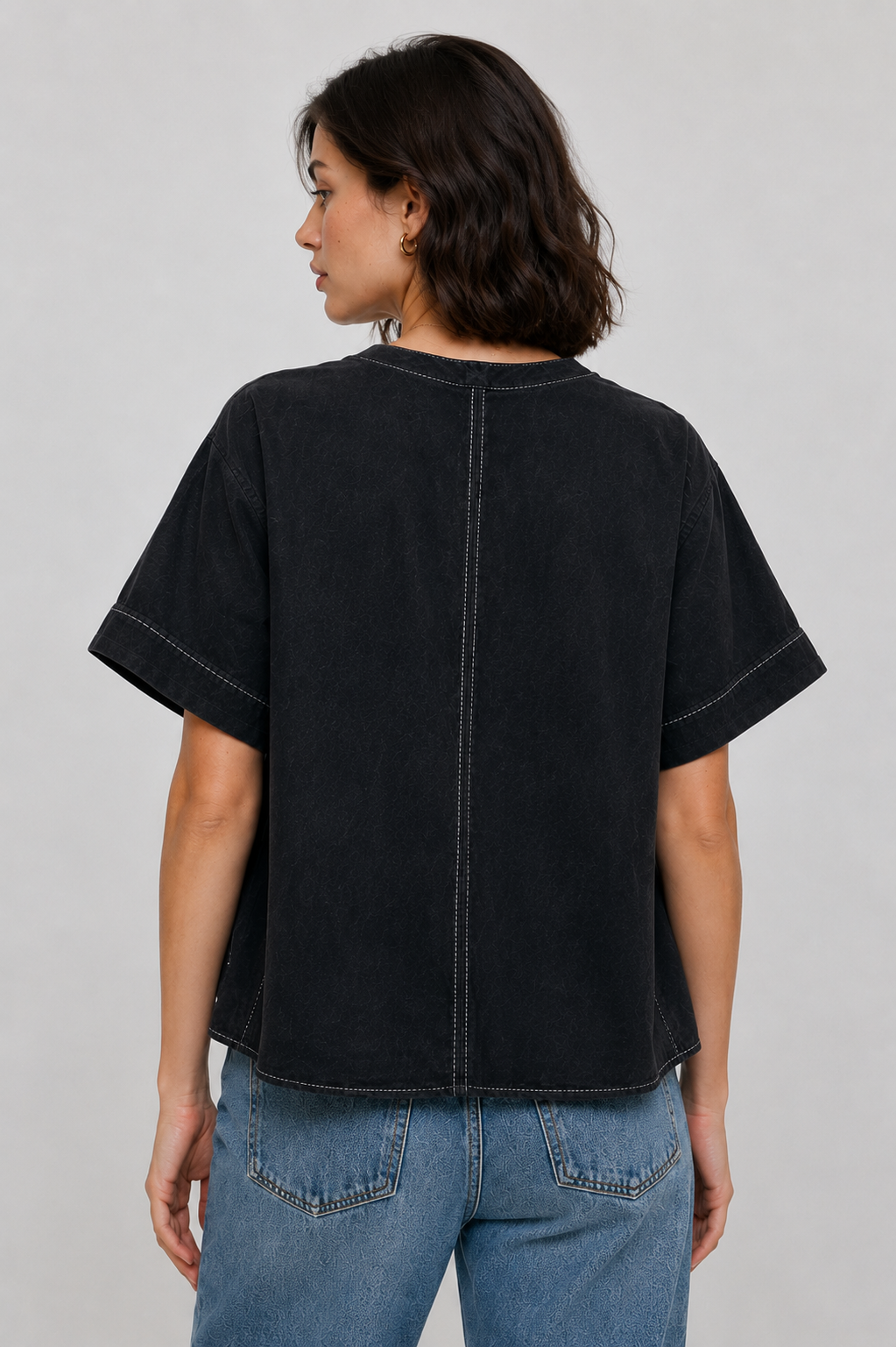 Women’s Black Denim Relaxed Fit Short Sleeve Top