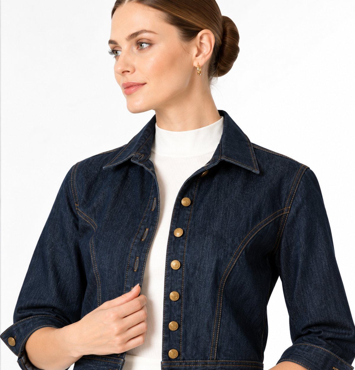Women's Dark Blue Denim Cropped Jacket with Button Front and Turn-Up Sleeves