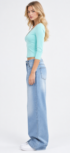Women’s Aqua Blue Jersey Ruched Long-Sleeve Top
