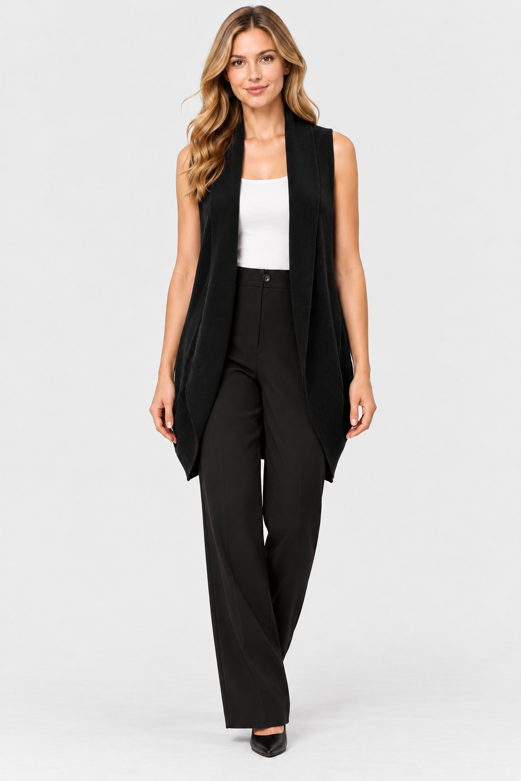 Women's Black Wool Knit Open-Front Longline Cardigan with Shawl Collar