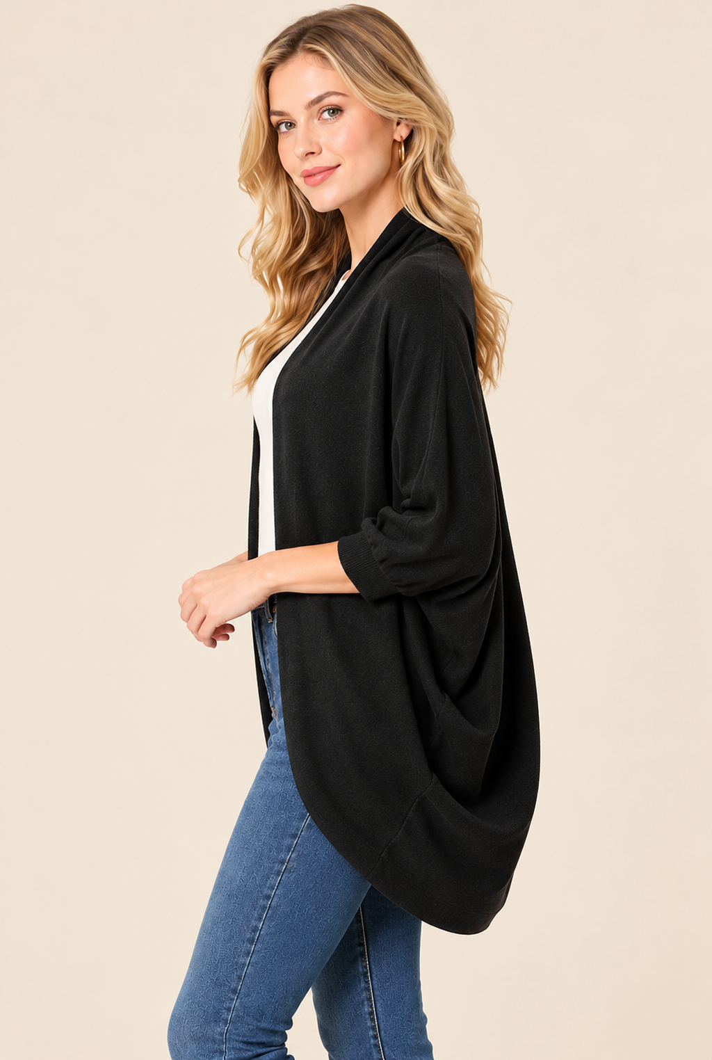 Women's Black Wool Knit Cardigan with Open Front and Relaxed Fit