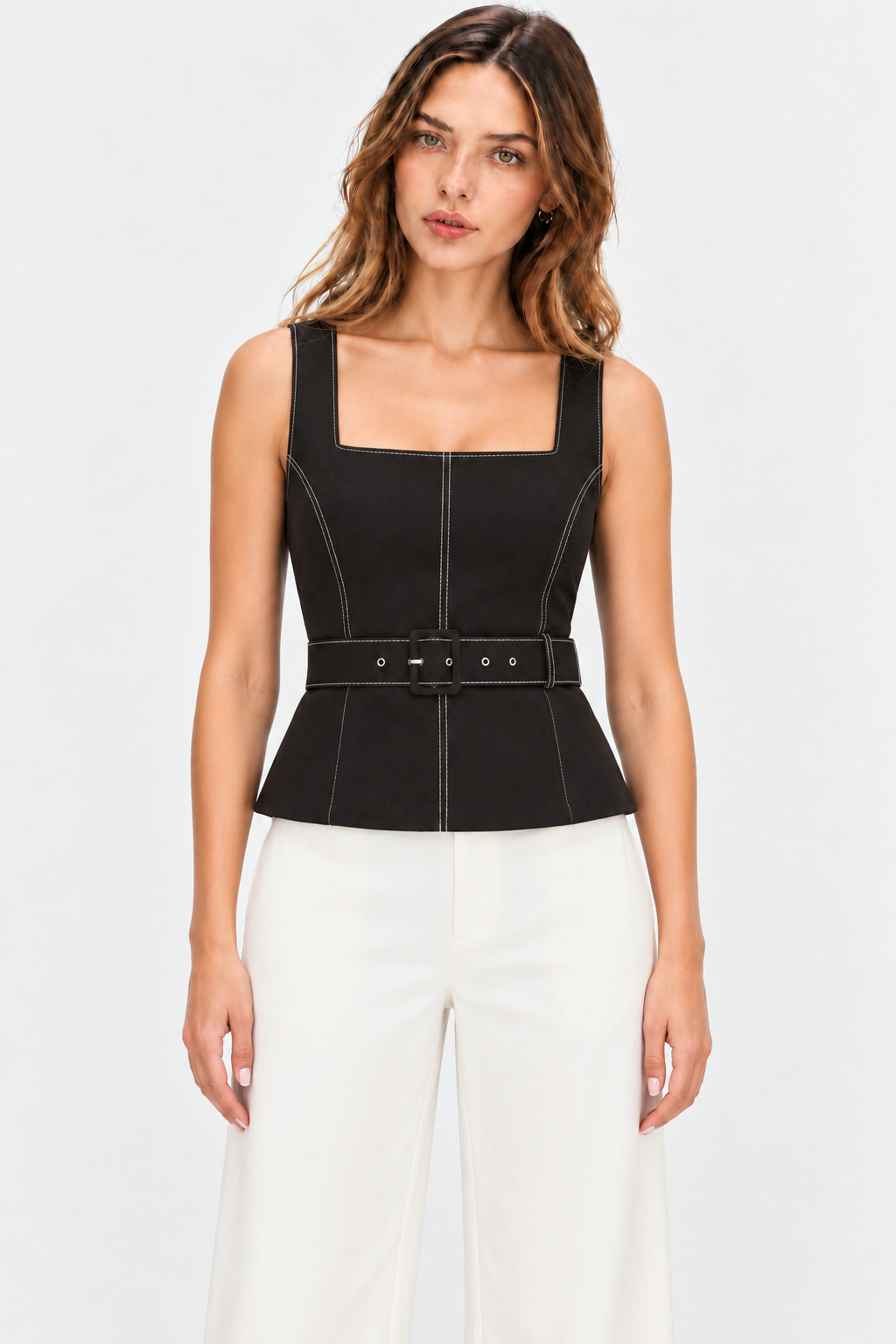 Women’s Black Denim Peplum Top with Belt