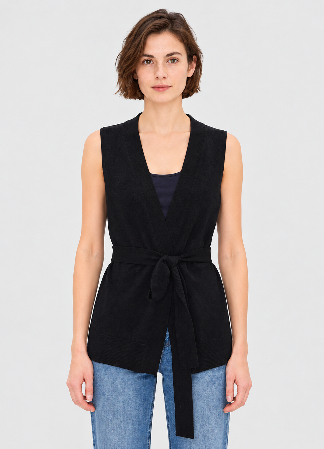 women's black wool blend wrap cardigan with tie belt and front pockets