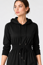 Women’s Black Cotton Jersey Hooded Midi Dress with Drawstring Waist