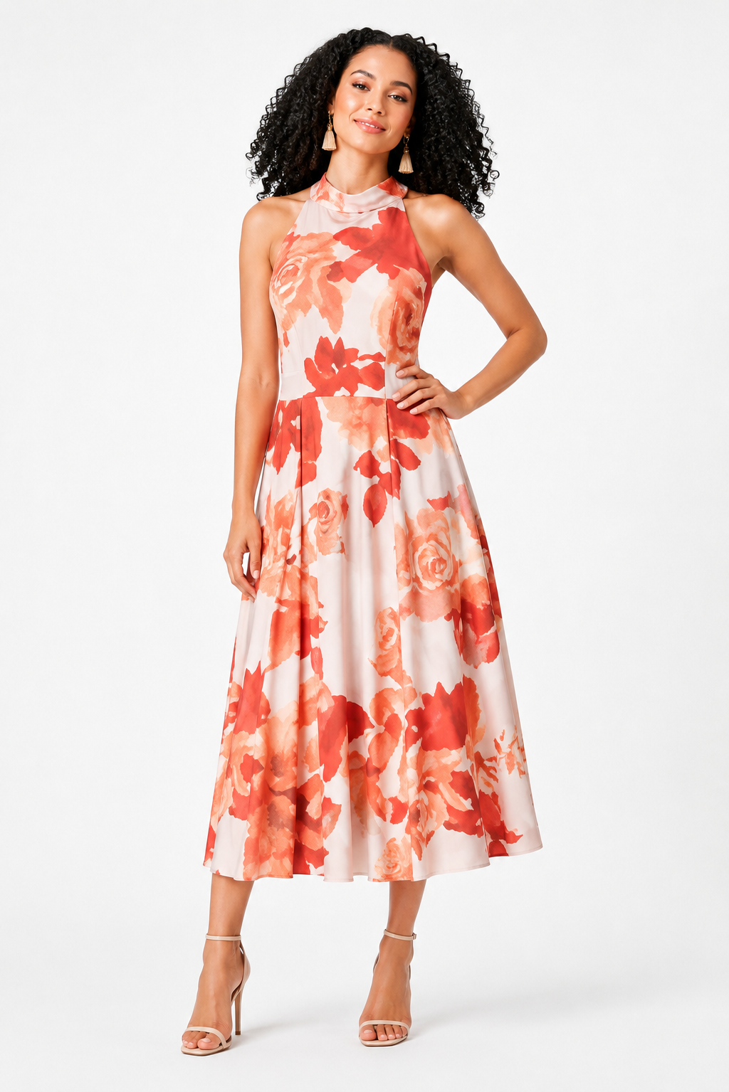 Rose Print Crepe Halter Dress