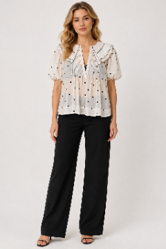 A woman modeling a white short-sleeve blouse with black polka dots and ruffled trim, paired with black wide-leg pants, against a light gray studio background.