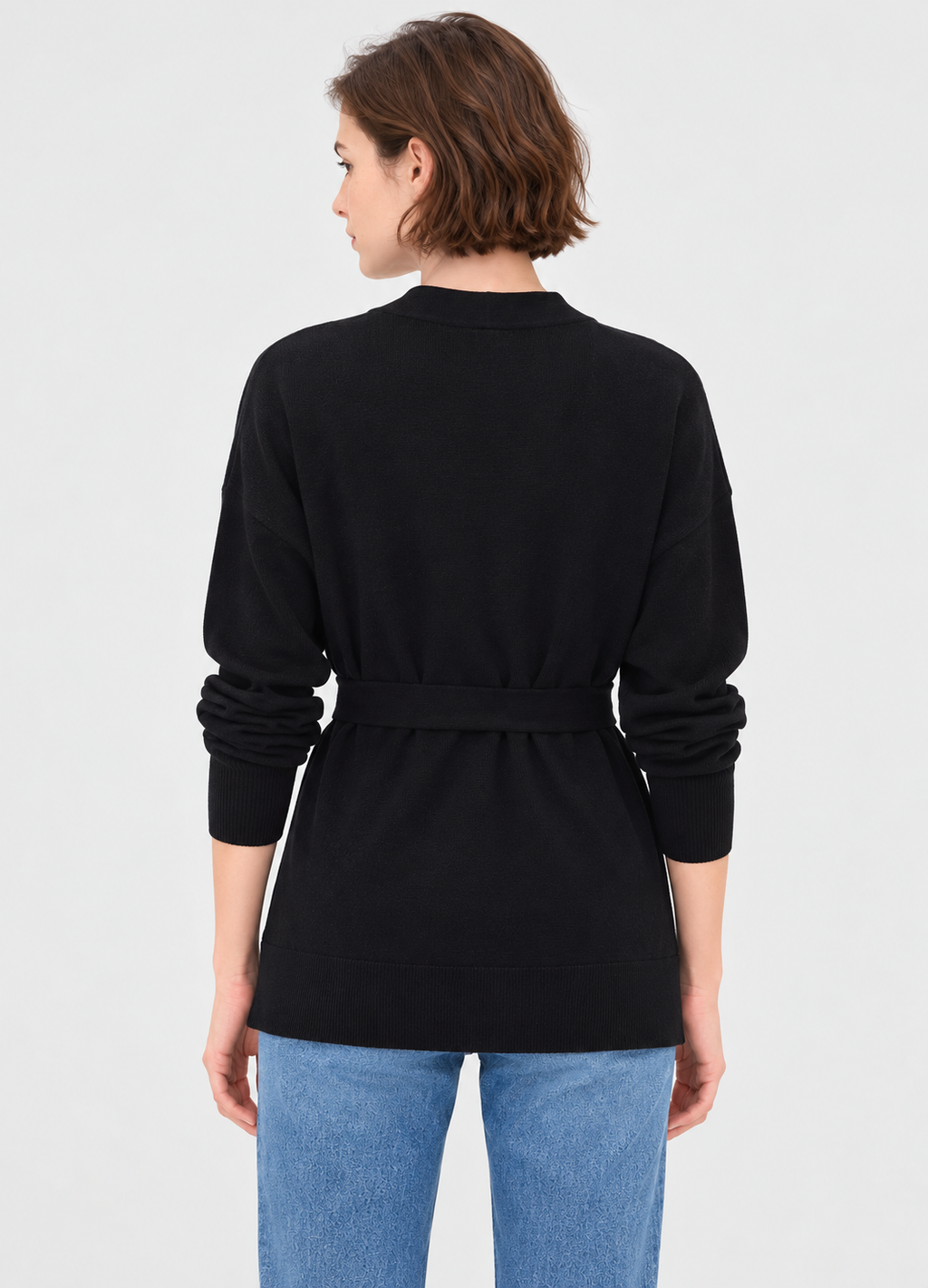 women's black wool blend wrap cardigan with tie belt and front pockets