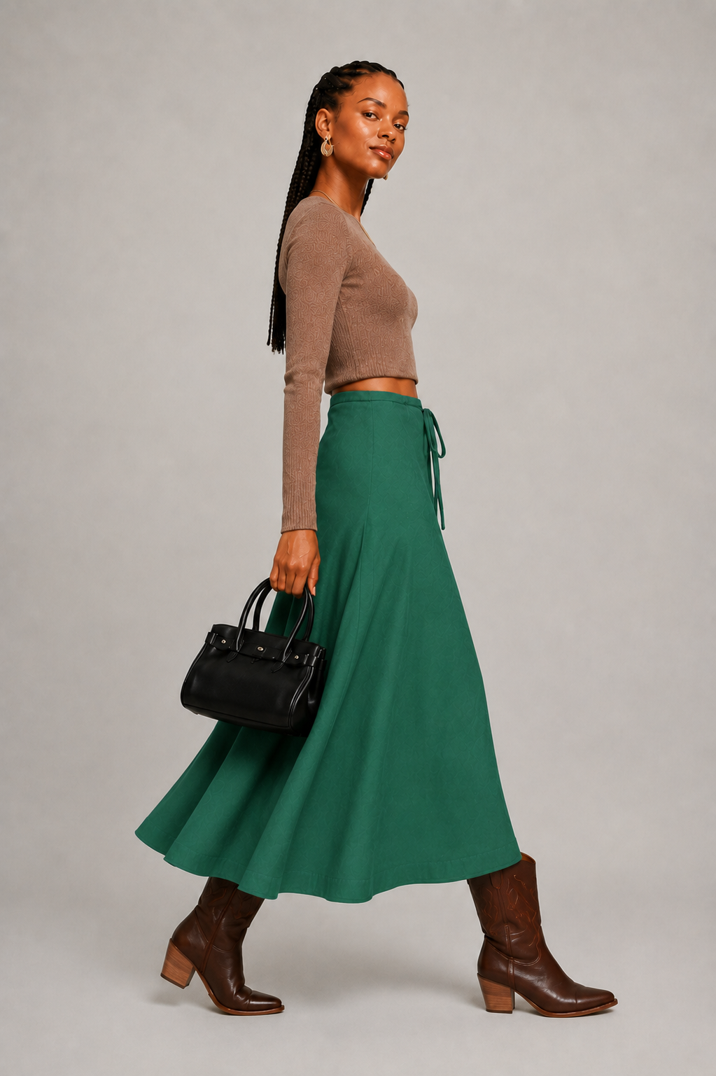 Emerald Green Drawstring A-Line Midi Skirt