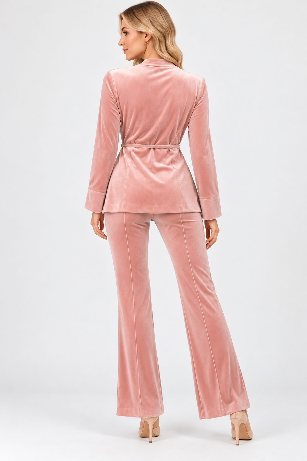 Women's Pink Velvet Wrap Jacket with Tie Waist and Flared Sleeves