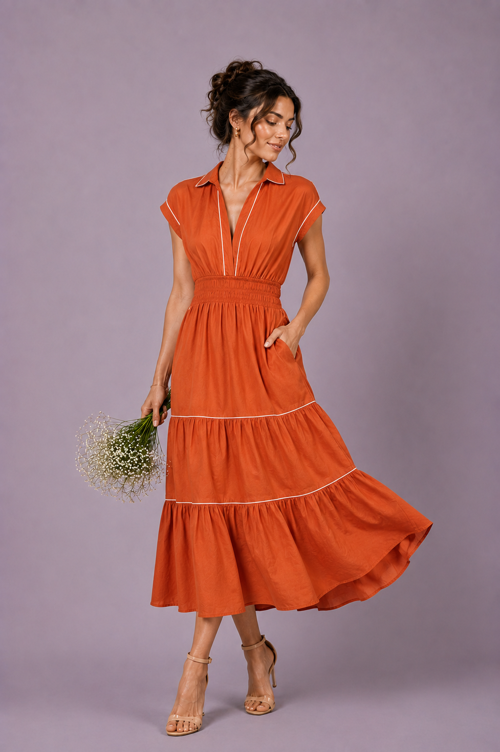 Rust Orange Cotton Tiered Midi Dress