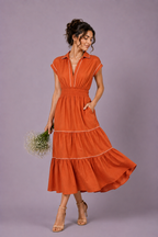 Rust Orange Cotton Tiered Midi Dress