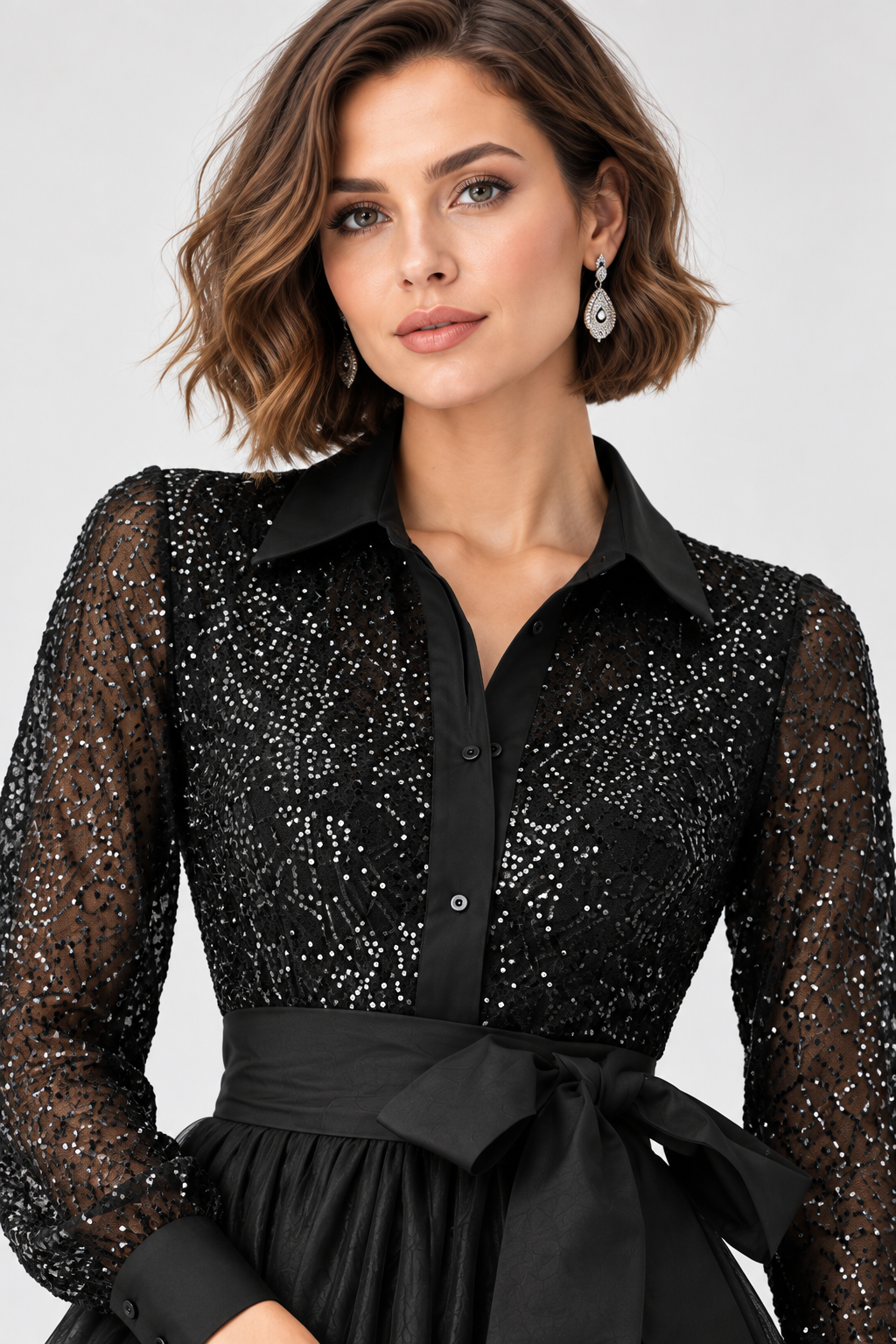 women's black sequin mesh and dupioni maxi dress