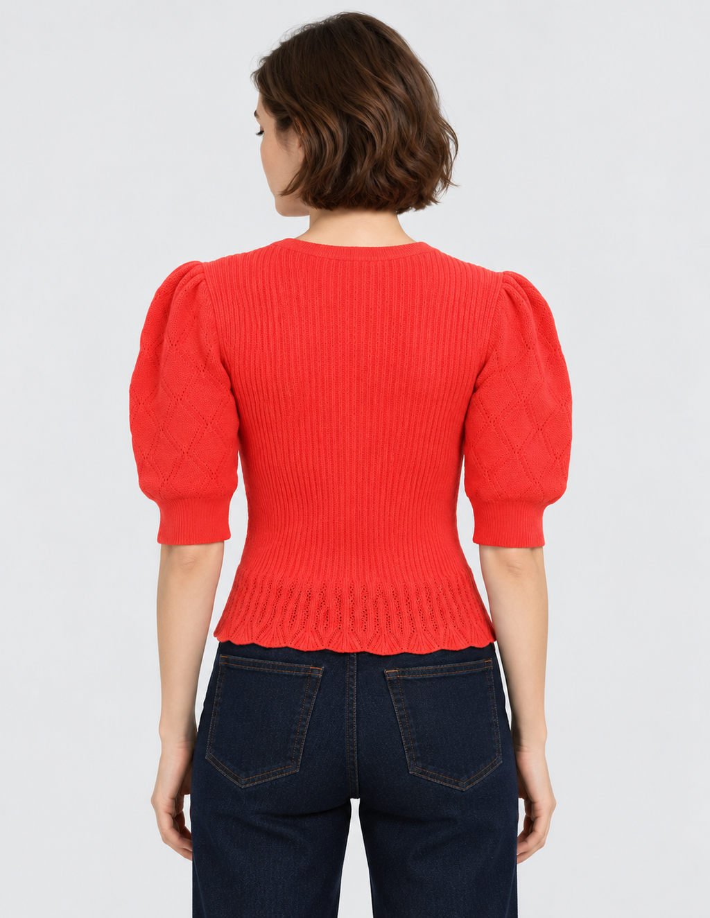 women's coral red cotton knit cardigan with puff sleeves and button-front closure