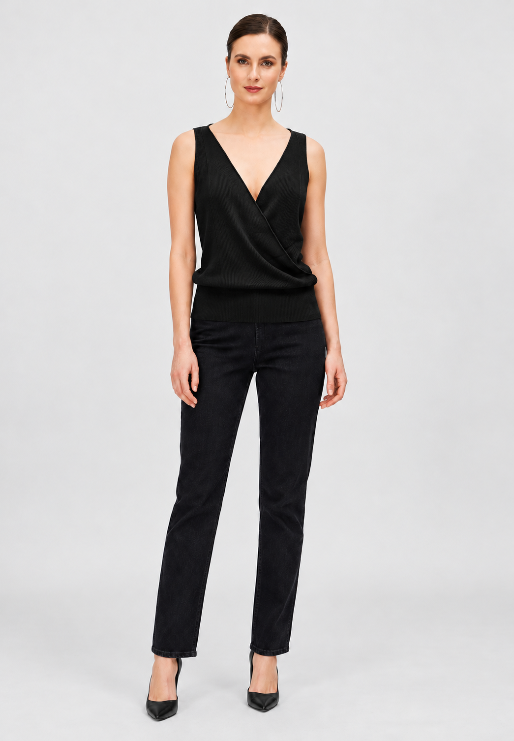 women's black linen cotton rib knit wrap top with v-neck