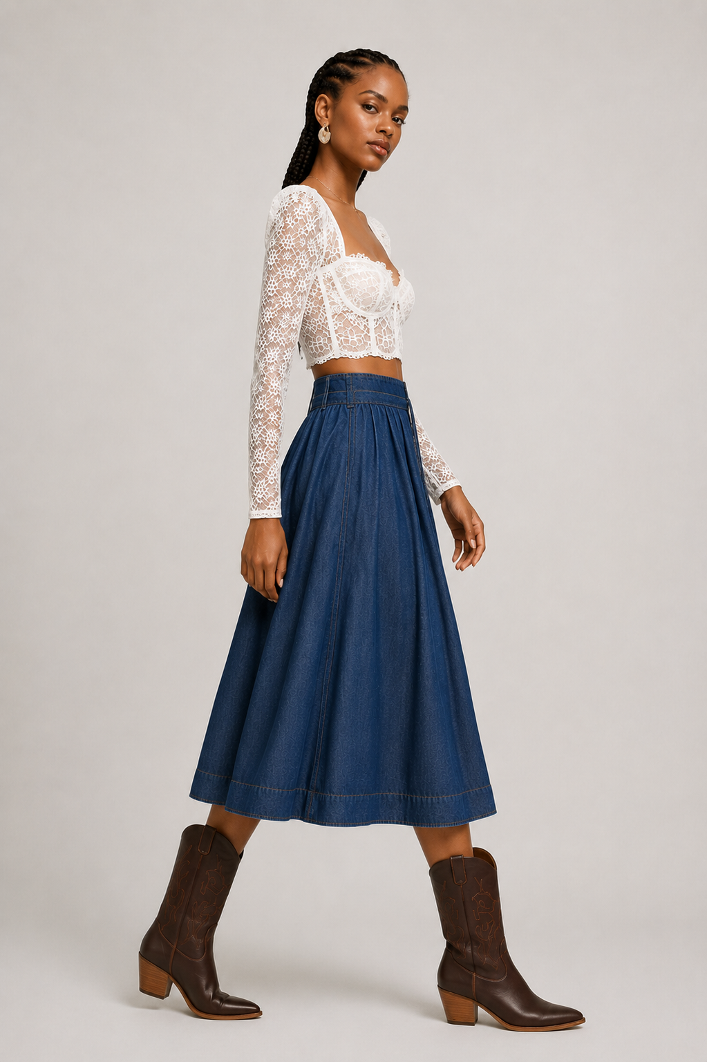 Blue Belted Denim Midi Skirt
