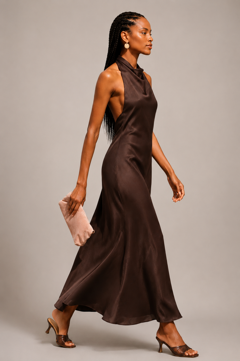 Chocolate Brown Viscose Halter Maxi Dress