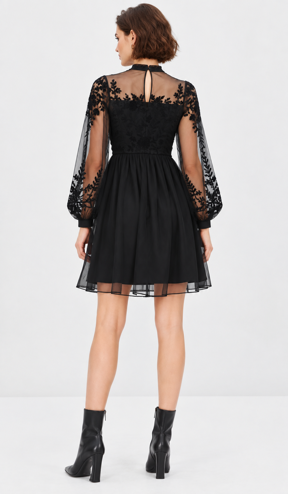 women’s black embroidered tulle mini dress