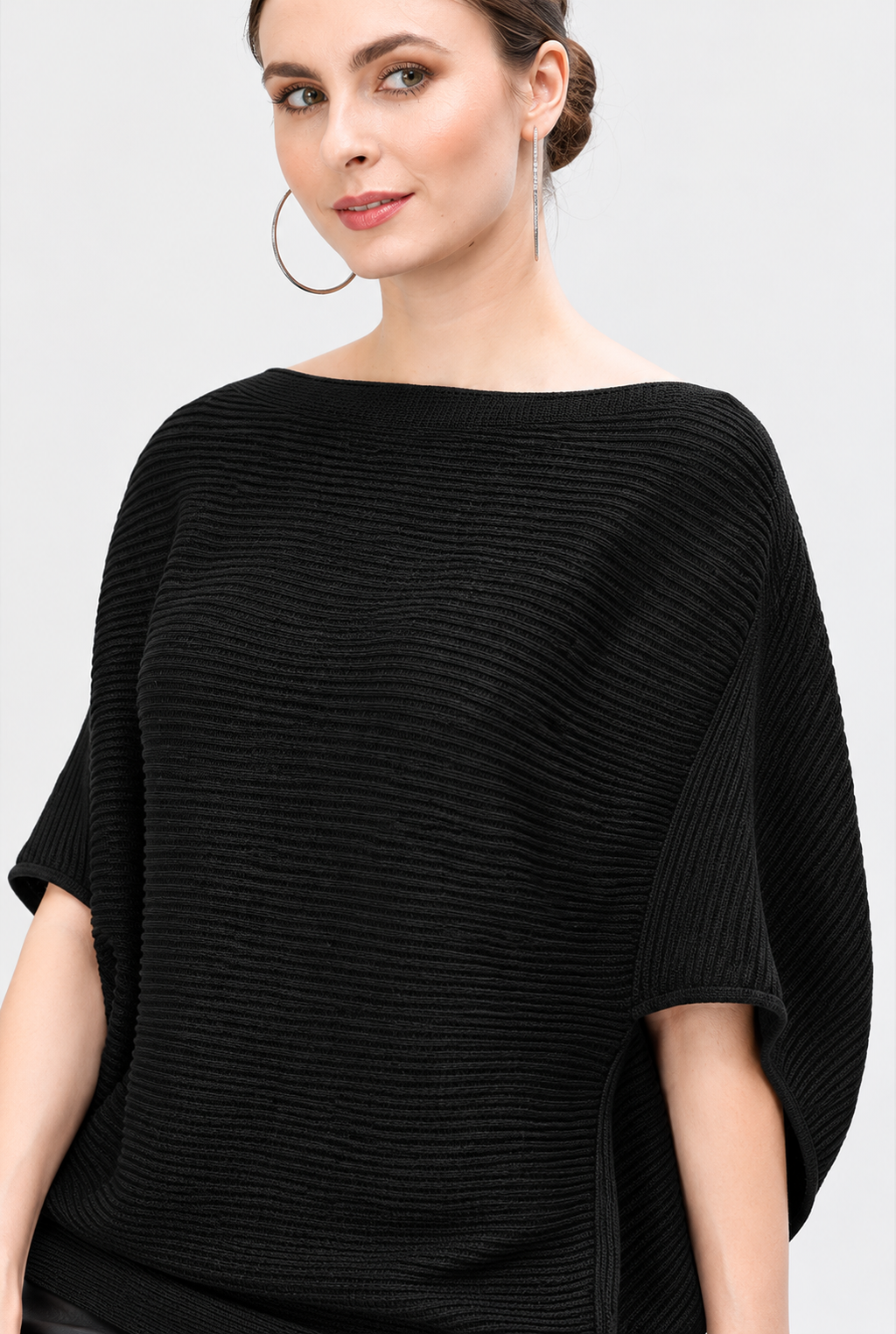 Women's Black Linen Cotton Rib Knit Batwing Top with Boat Neck and Short Sleeves