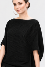 Women's Black Linen Cotton Rib Knit Batwing Top with Boat Neck and Short Sleeves