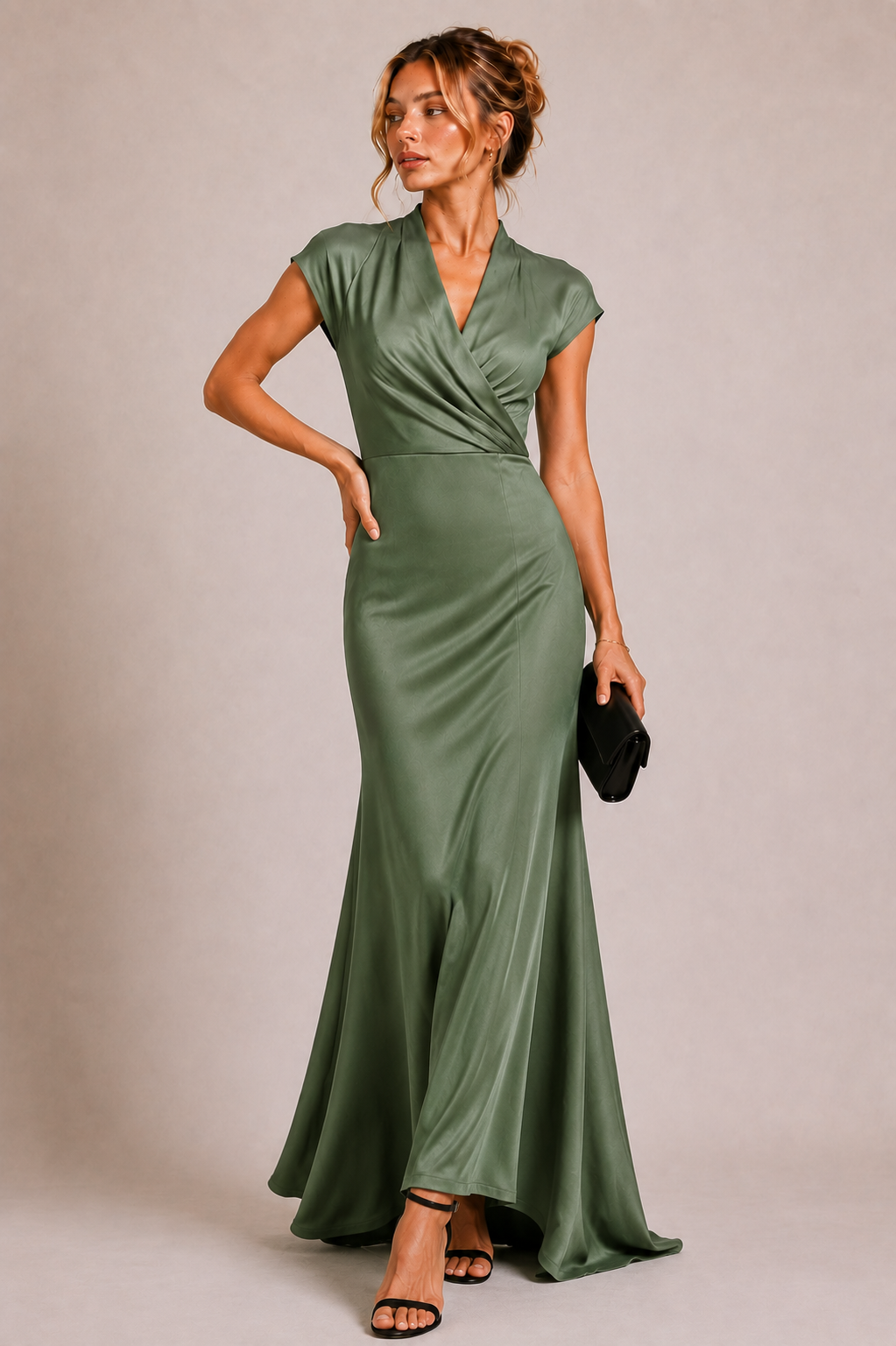Sage Green Crepe Wrap-Style Maxi Dress with Short Sleeves