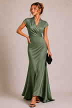Sage Green Crepe Wrap-Style Maxi Dress with Short Sleeves