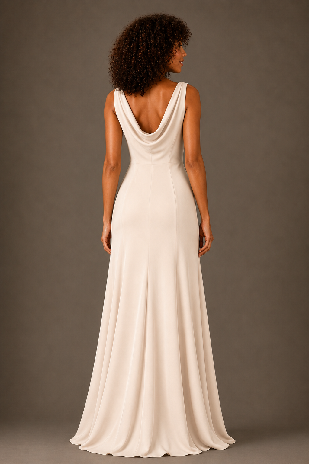 Ivory Satin Crepe Draped Cowl Neck Maxi Dress