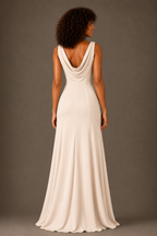 Ivory Satin Crepe Draped Cowl Neck Maxi Dress