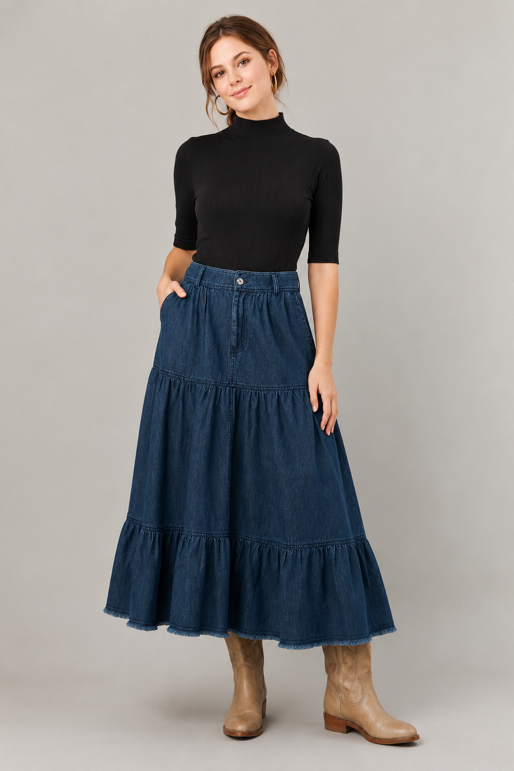 Cotton Denim Tiered Maxi Skirt