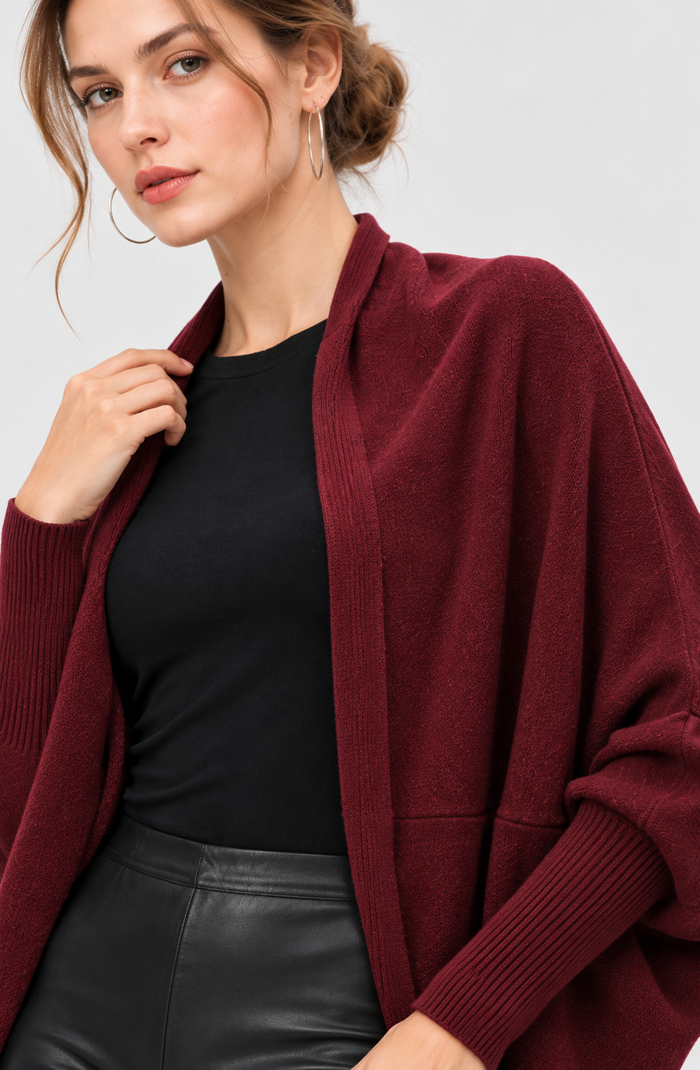 women's burgundy wool cashmere open front cape cardigan