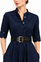 Women’s Navy Blue Poplin Shirt Dress with Belt & Flared Skirt