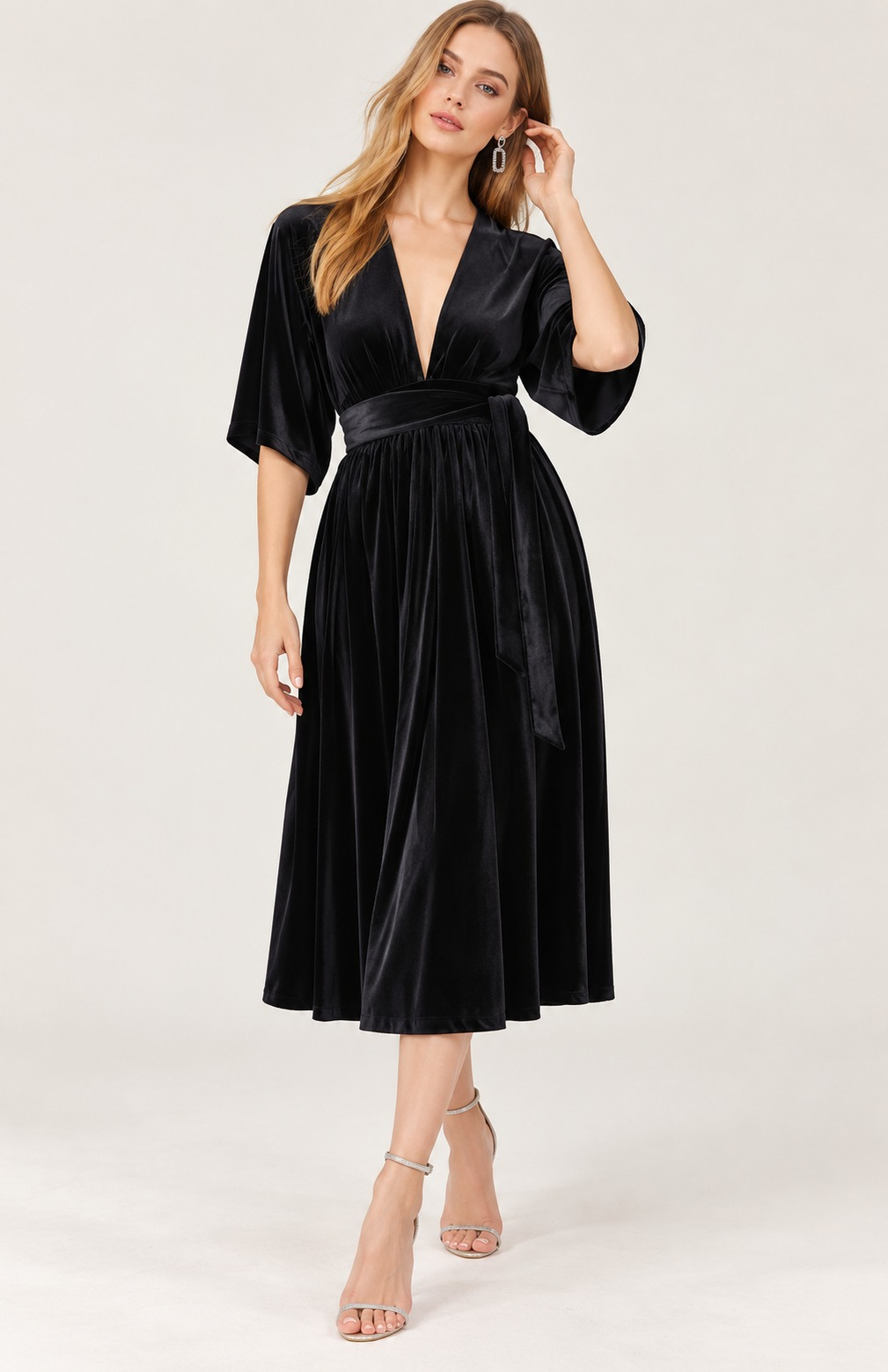Black Velvet Wrap Style Midi Dress