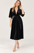 Black Velvet Wrap Style Midi Dress