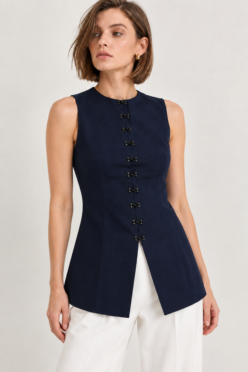 Women’s Navy Blue Cotton Mandarin Collar Top