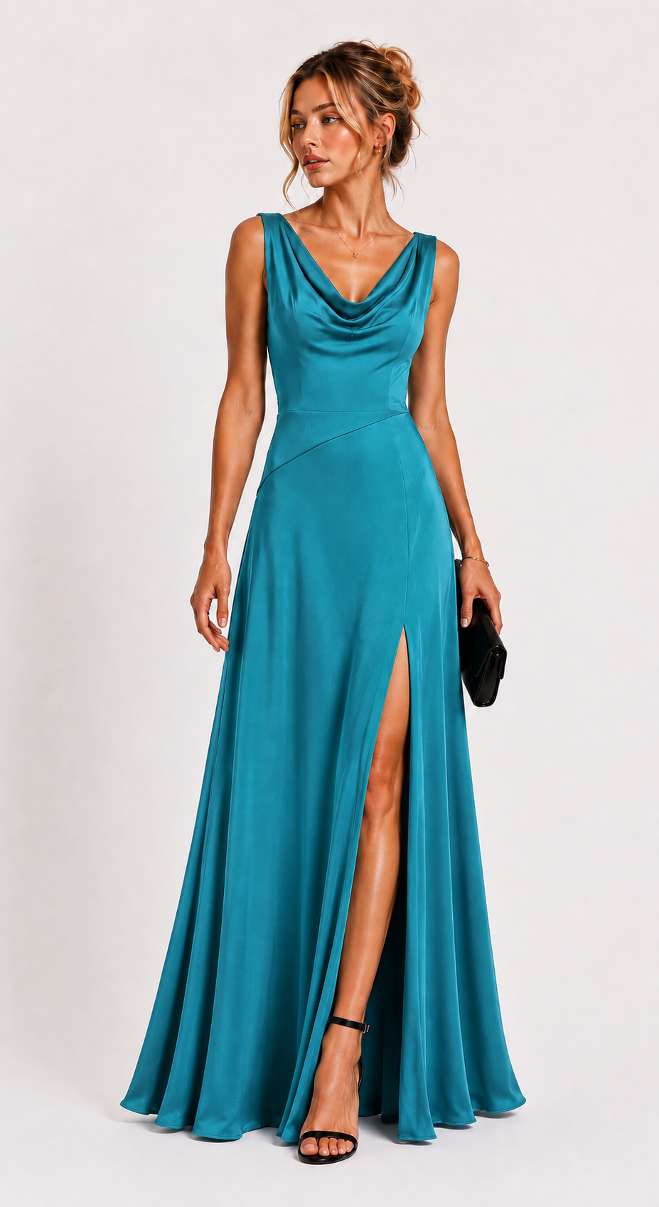 A woman modeling a floor-length teal cowl-neck gown with a high thigh slit, shown against a plain light gray studio background. She is wearing black heeled sandals and holding a small black clutch.
