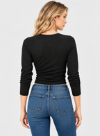 Women's Black Wool Blend Wrap Front Knit Top with Long Sleeves