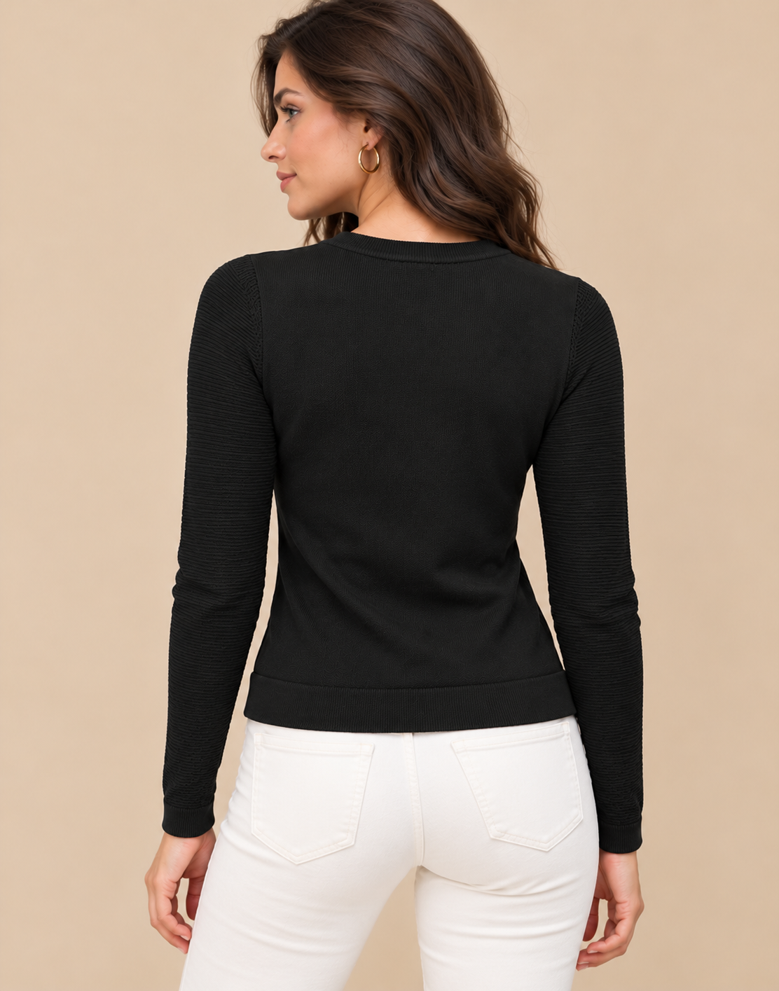 Women's Black Modal Cotton Rib Knit Sweater with Bow Detail