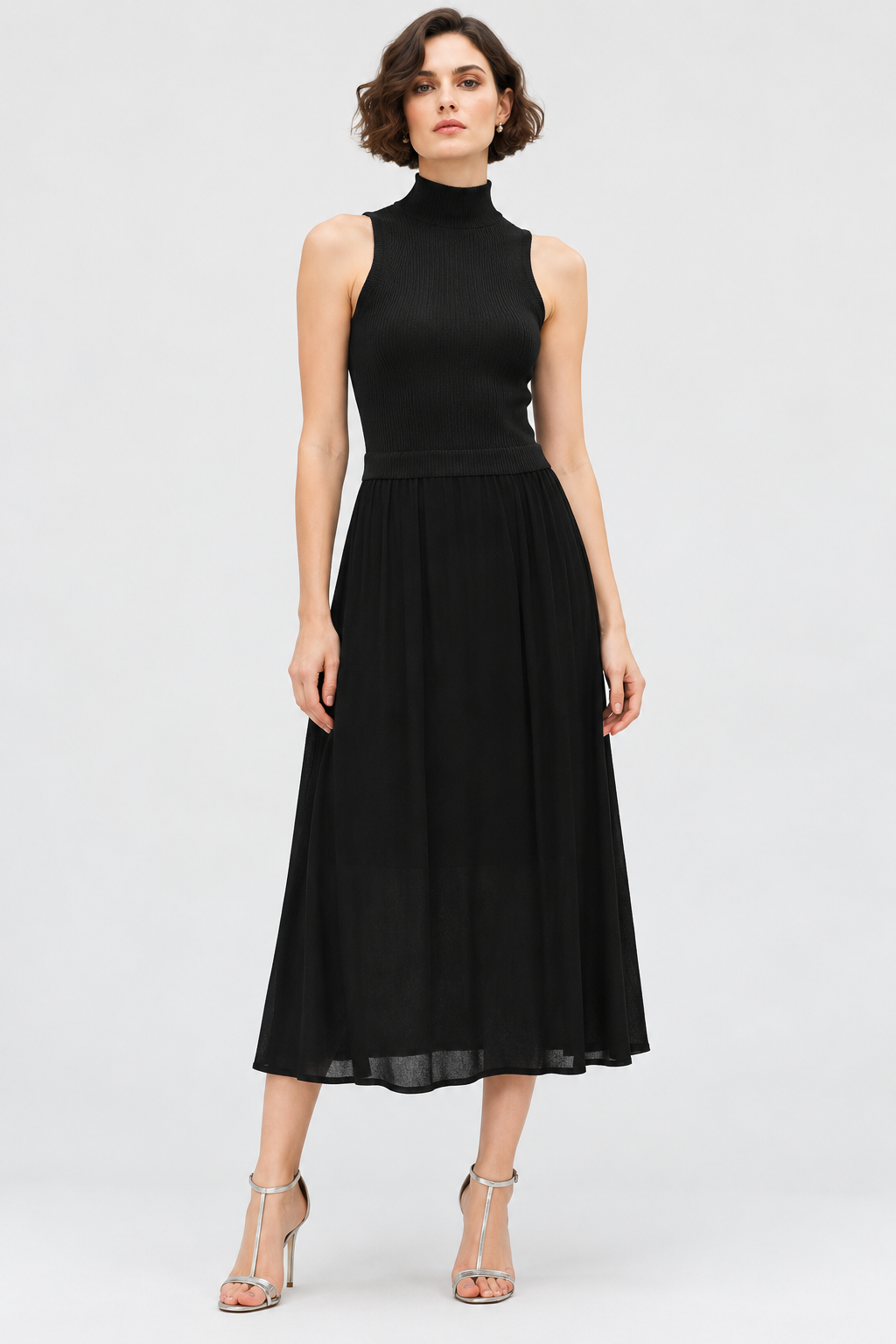 women’s black satin sleeveless high-neck pleated midi dress