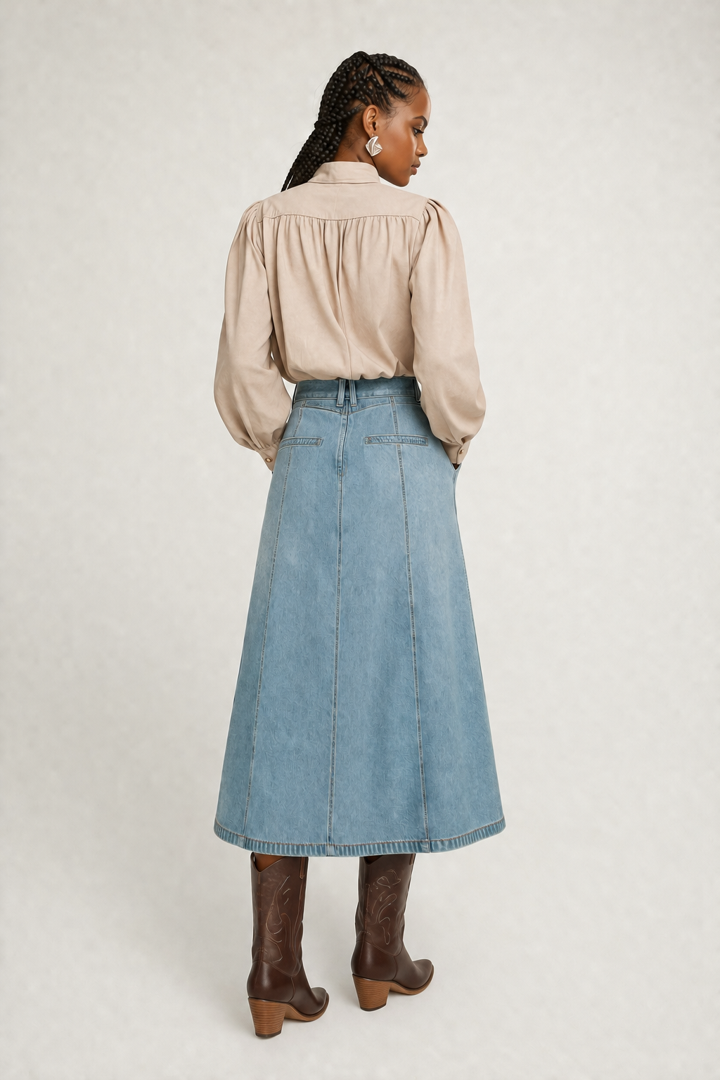 Panelled A-Line Denim Midi Skirt