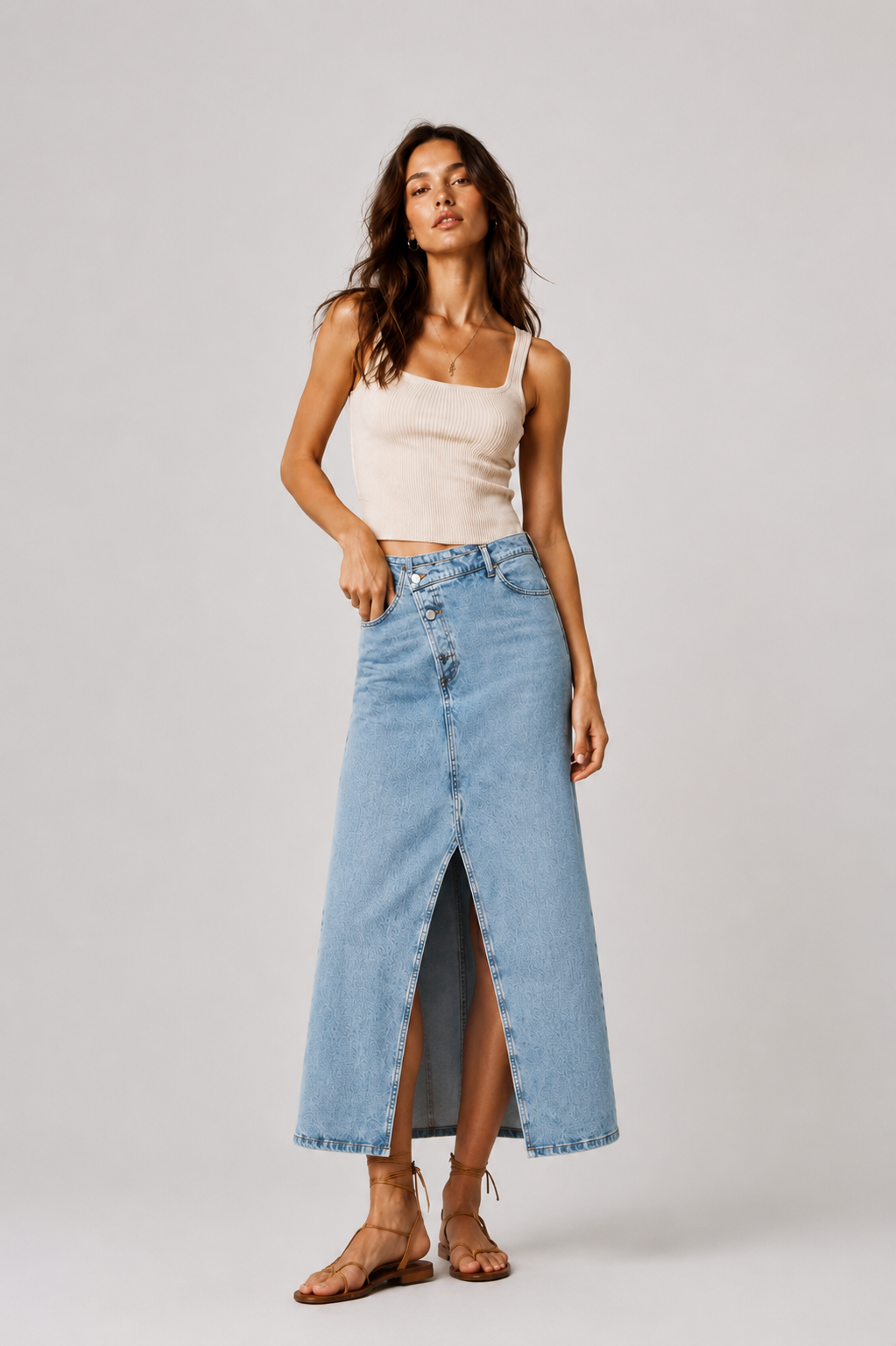 Light Wash Denim Front-Slit Maxi Skirt