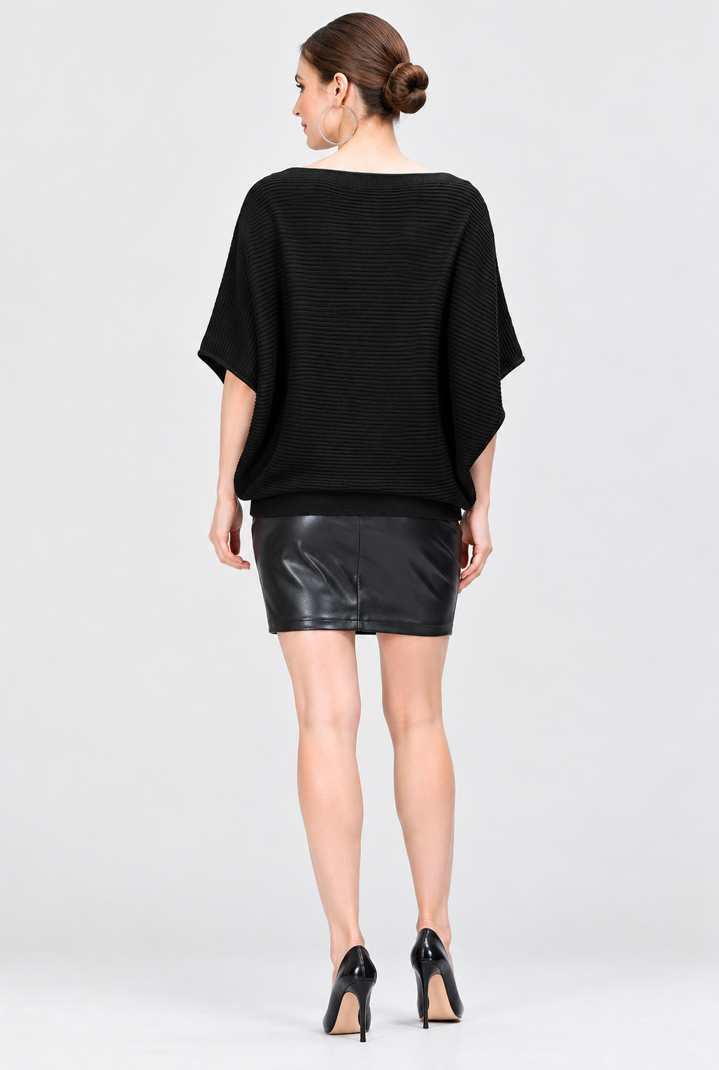 Women's Black Linen Cotton Rib Knit Batwing Top with Boat Neck and Short Sleeves