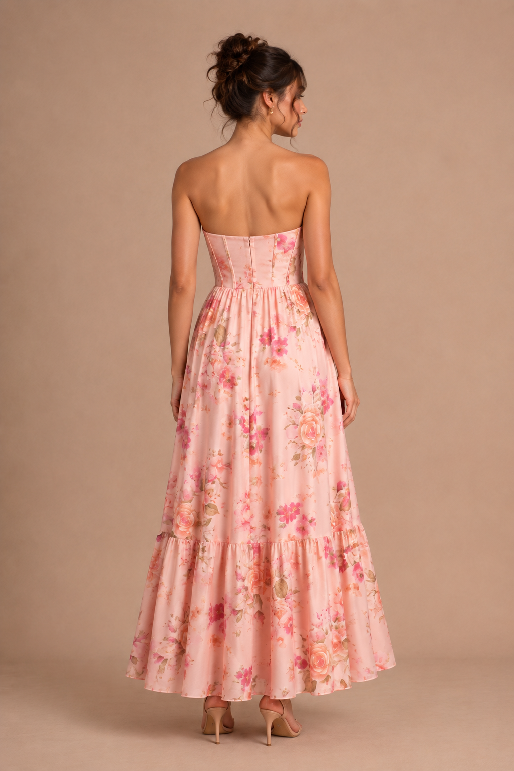 Strapless Floral Chiffon Corset Maxi Dress