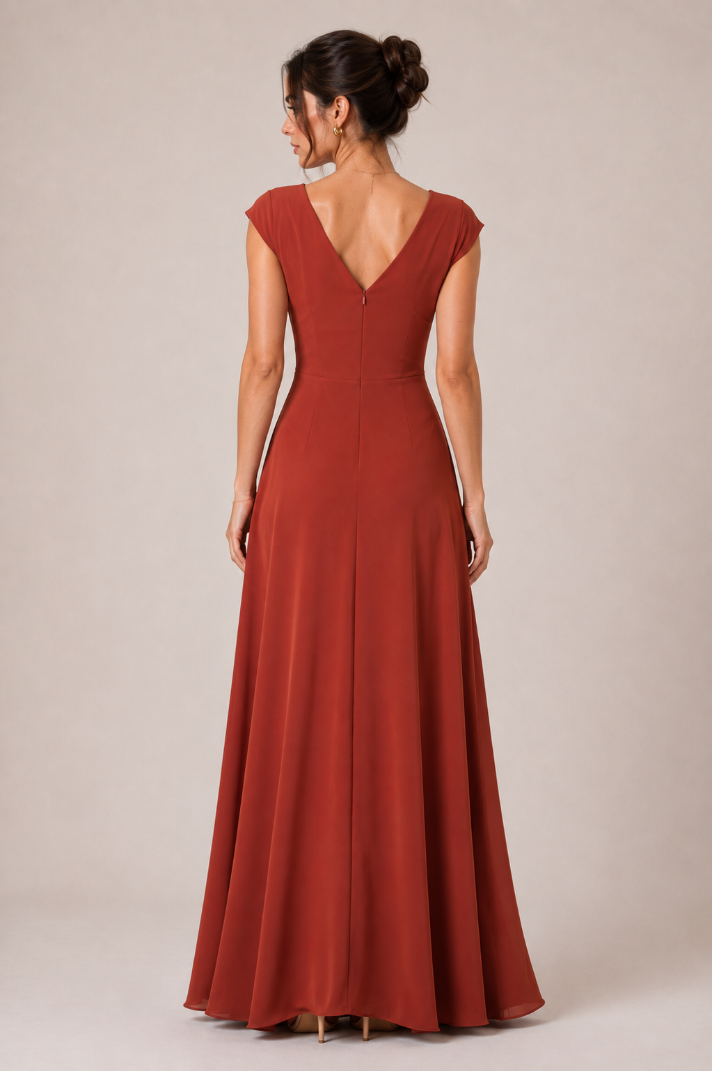 Rust Orange Heavy Crepe Wrap-Style Maxi Dress with V-Neck and Ruffle Detail