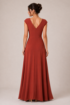 Rust Orange Heavy Crepe Wrap-Style Maxi Dress with V-Neck and Ruffle Detail