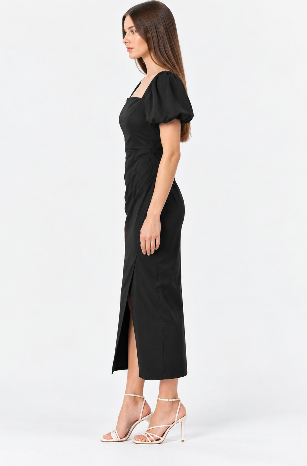 Cotton Satin Square Neck Puff Sleeve Midi Dress