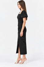 Cotton Satin Square Neck Puff Sleeve Midi Dress