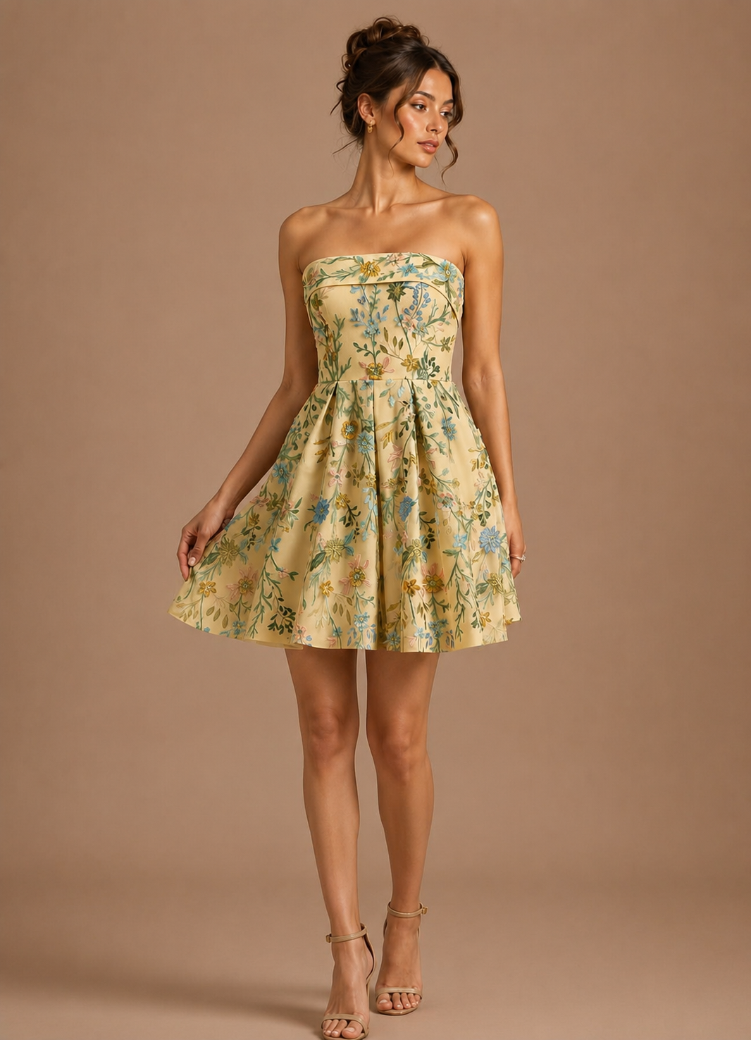 Strapless Floral Satin A-Line Maxi Dress