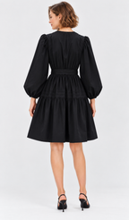 women’s black rayon crinkle V-neck tiered mini dress