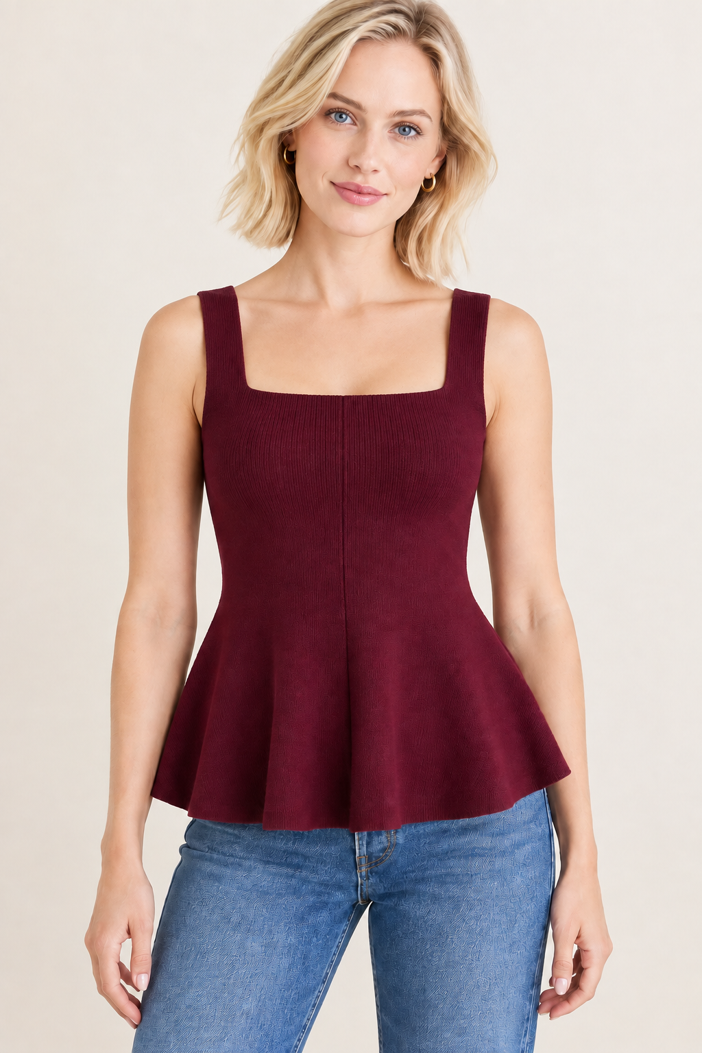 Women’s Burgundy Rayon Short Sleeve Peplum Top