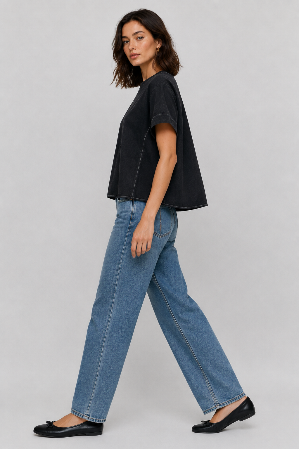 Women’s Black Denim Relaxed Fit Short Sleeve Top