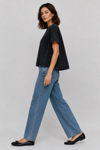 Women’s Black Denim Relaxed Fit Short Sleeve Top